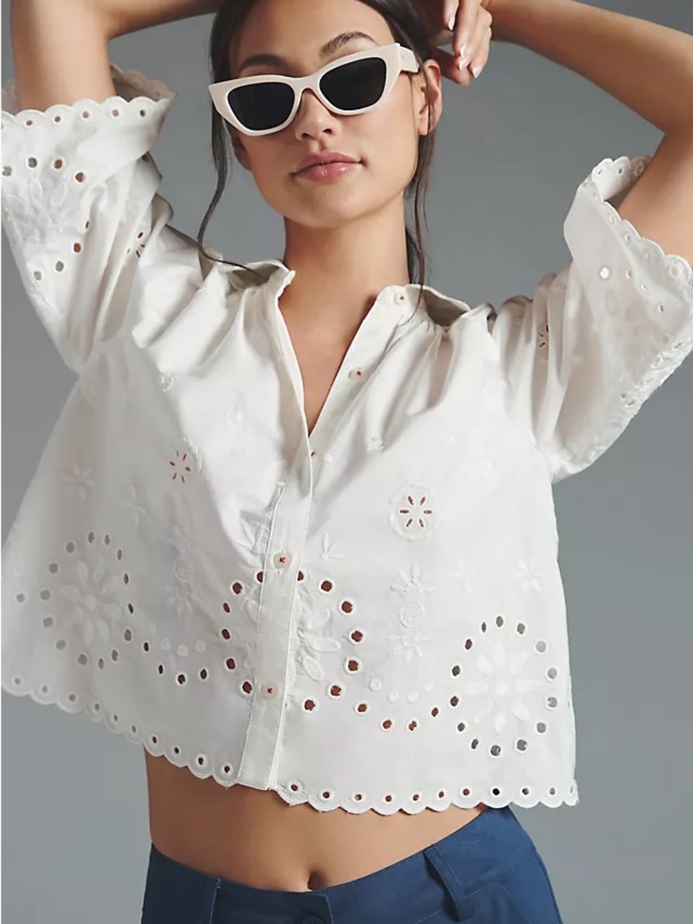 Scotch & Soda White Eyelet Button-Up Blouse with Scalloped Collar